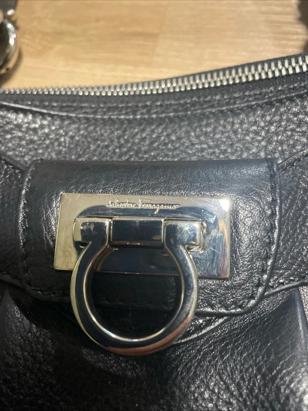 Salvatore Ferragamo Gancini Pebbled Leather Black Top Handle Handbag Authentic